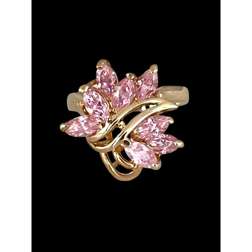 Vintage 1980s Pink CZ Cluster Ring Size 6 14KTGE Gold Plate - 14D